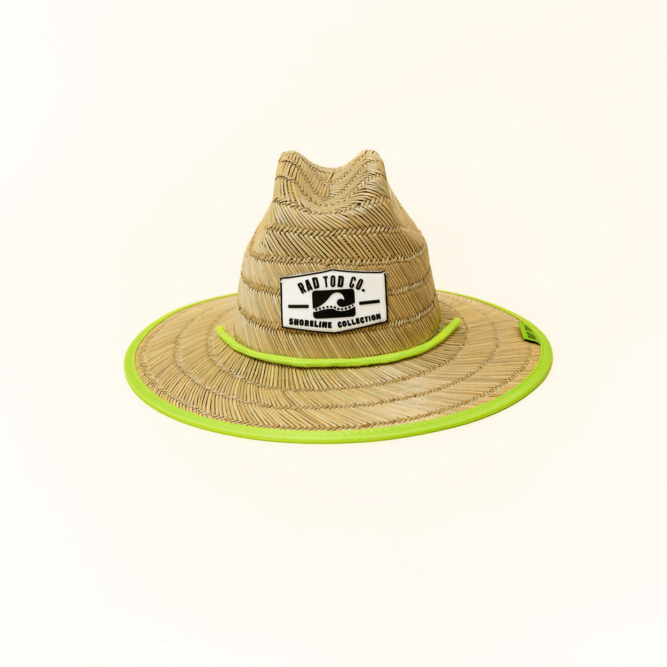 front of Hi-Vis Lime straw hat with natural straw exterior and bright lime detail under the brim, wide brim providing sun protection for face, ears, and neck.