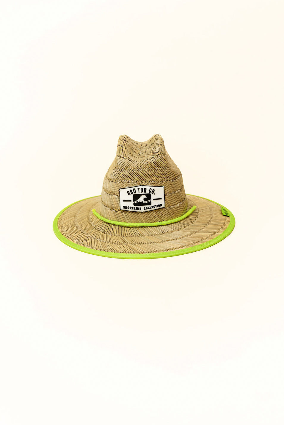 front of Hi-Vis Lime straw hat with natural straw exterior and bright lime detail under the brim, wide brim providing sun protection for face, ears, and neck.
