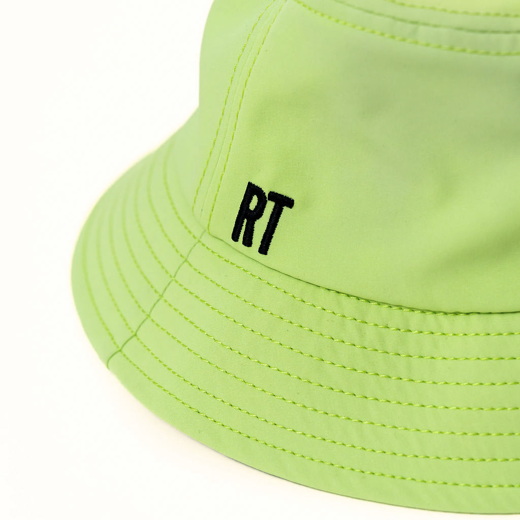 Neon green bucket hat with 'RT' logo on a white background