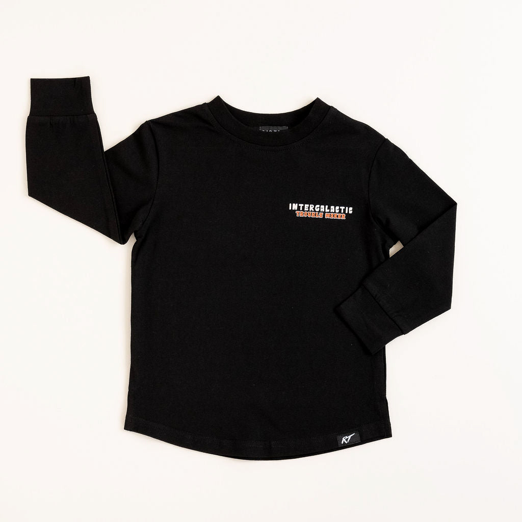 Front view of black Intergalactic Troublemaker long sleeve with beige design