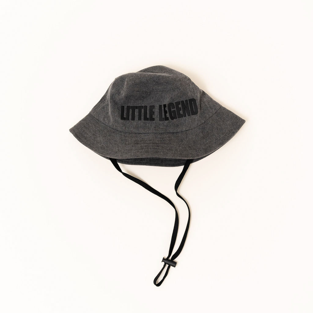 Gray bucket hat with 'LITTLE LEGENDS' text on a white background