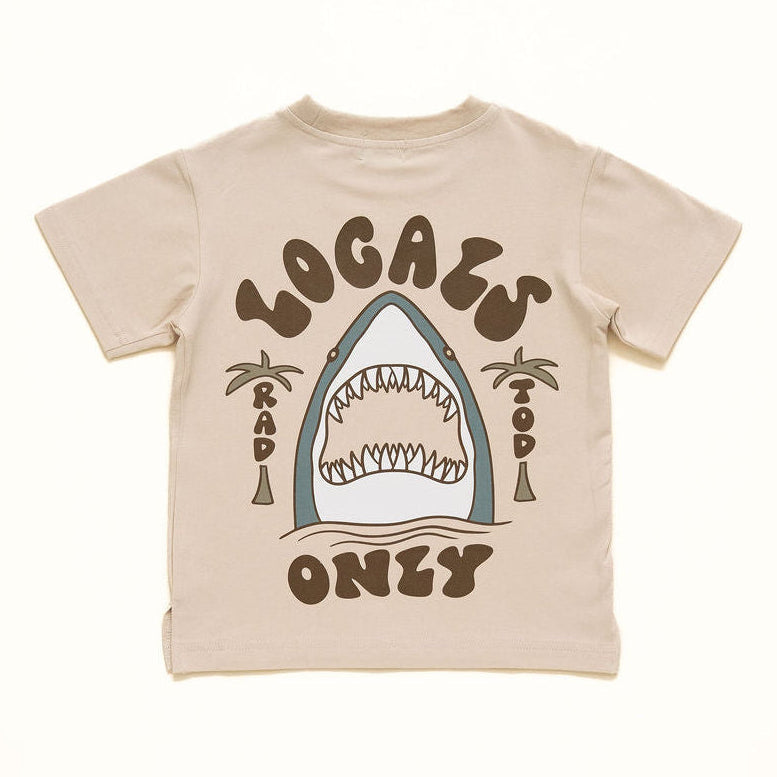 Beige “Locals Only” kids t-shirt with shark graphic, premium cotton blend
