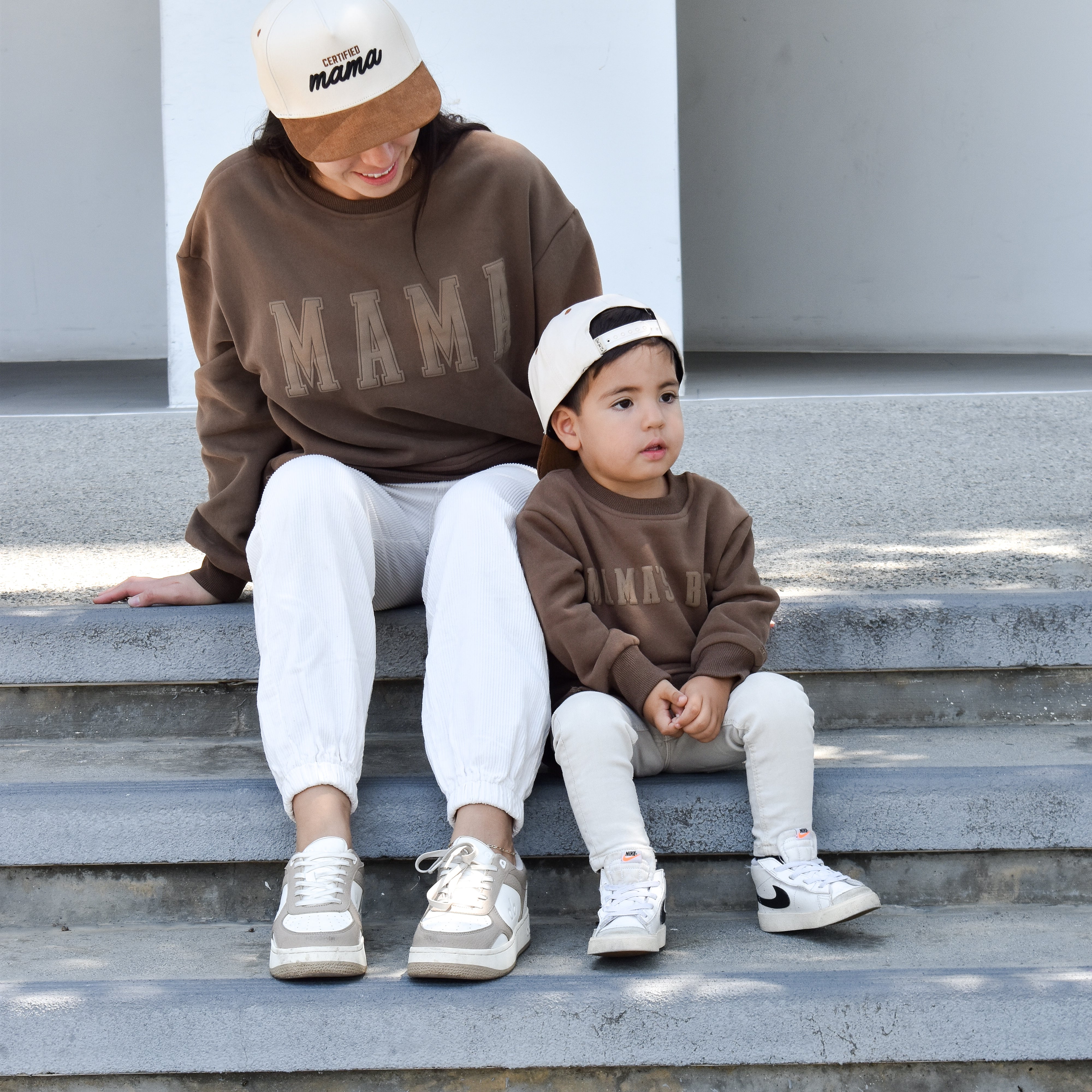 Matching Mama and Mamas boy crewneck worn by a mother an her son