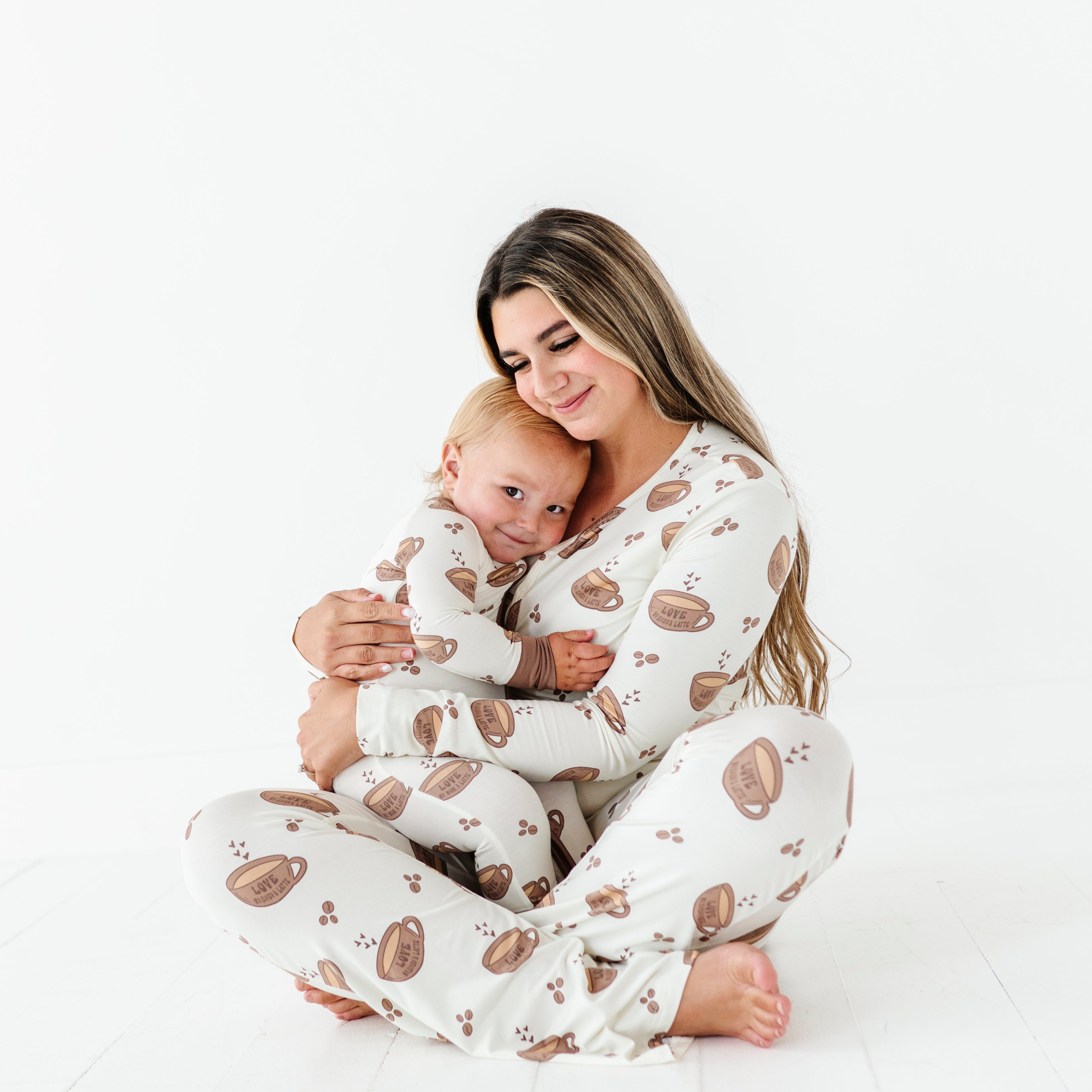 Women’s Love My Baby A Latte Bamboo pajamas featuring soft, eco-friendly bamboo fabric, offering comfort and breathability for everyday wear with your little one matching as well