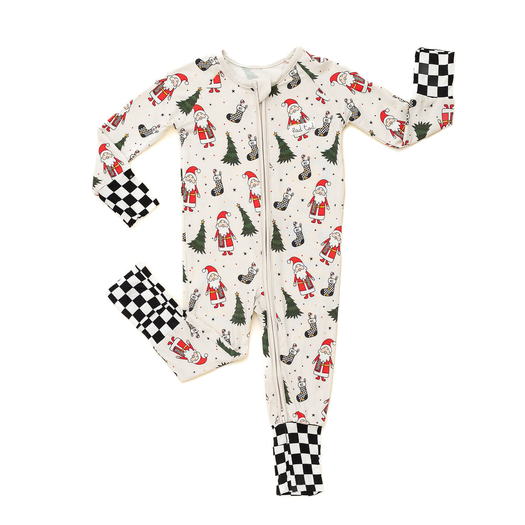 Children's onesie with Christmas-themed design on a white background