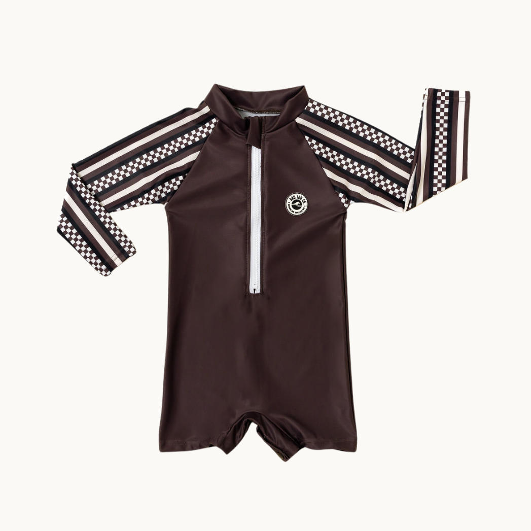 Mocha raceway kids rashguard onesie UPF 50 swimwear