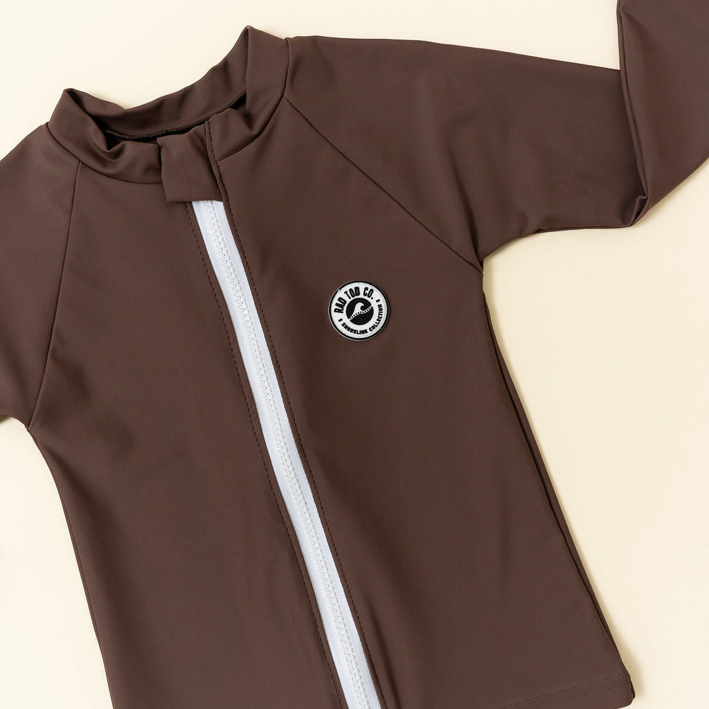 Kids long sleeve rashguard mocha color with front zipper