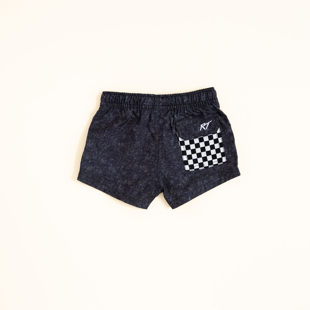 Onyx shorts with a checkered pocket on a white background