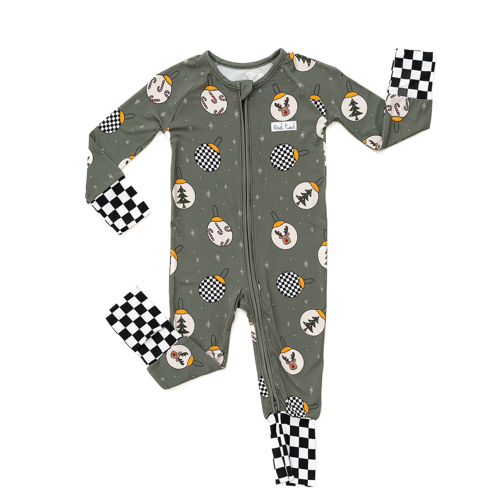 Pine green kids holiday pajamas with festive ornament design