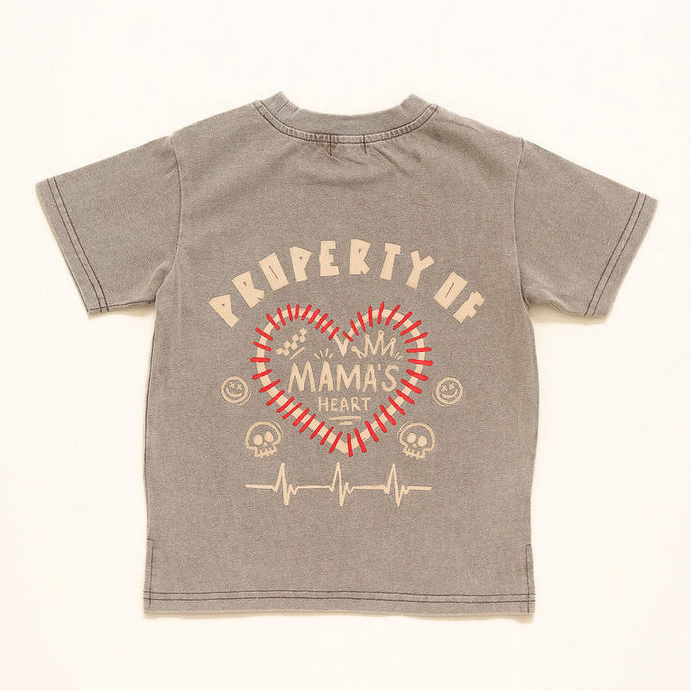 Beige acid wash kids t-shirt with Property of Mama’s Heart graphic