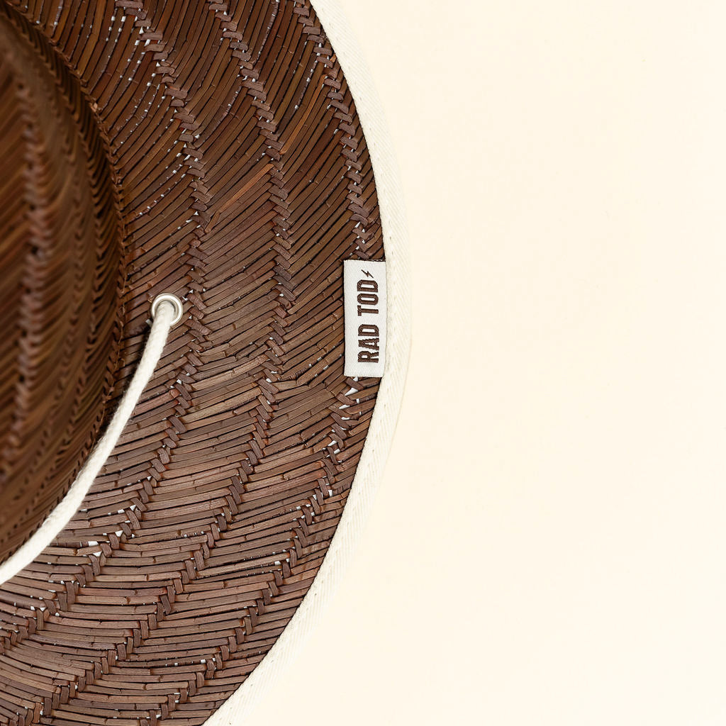 details on Sandbar straw hat with dark straw exterior and beige detail under the brim, wide brim providing sun protection for face, ears, and neck by Rad Toddler