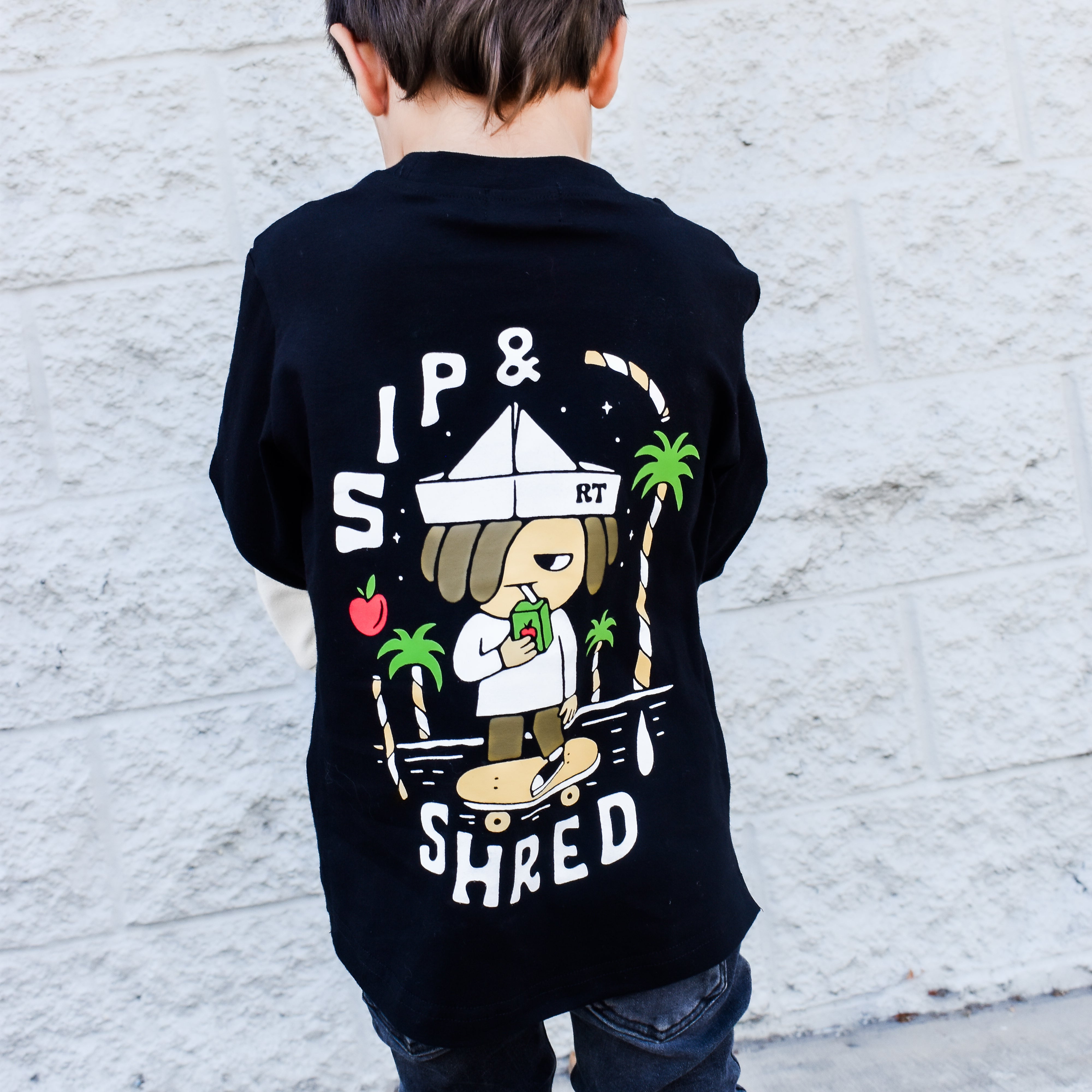 Kids graphic long sleeve – skateboard and juice box design