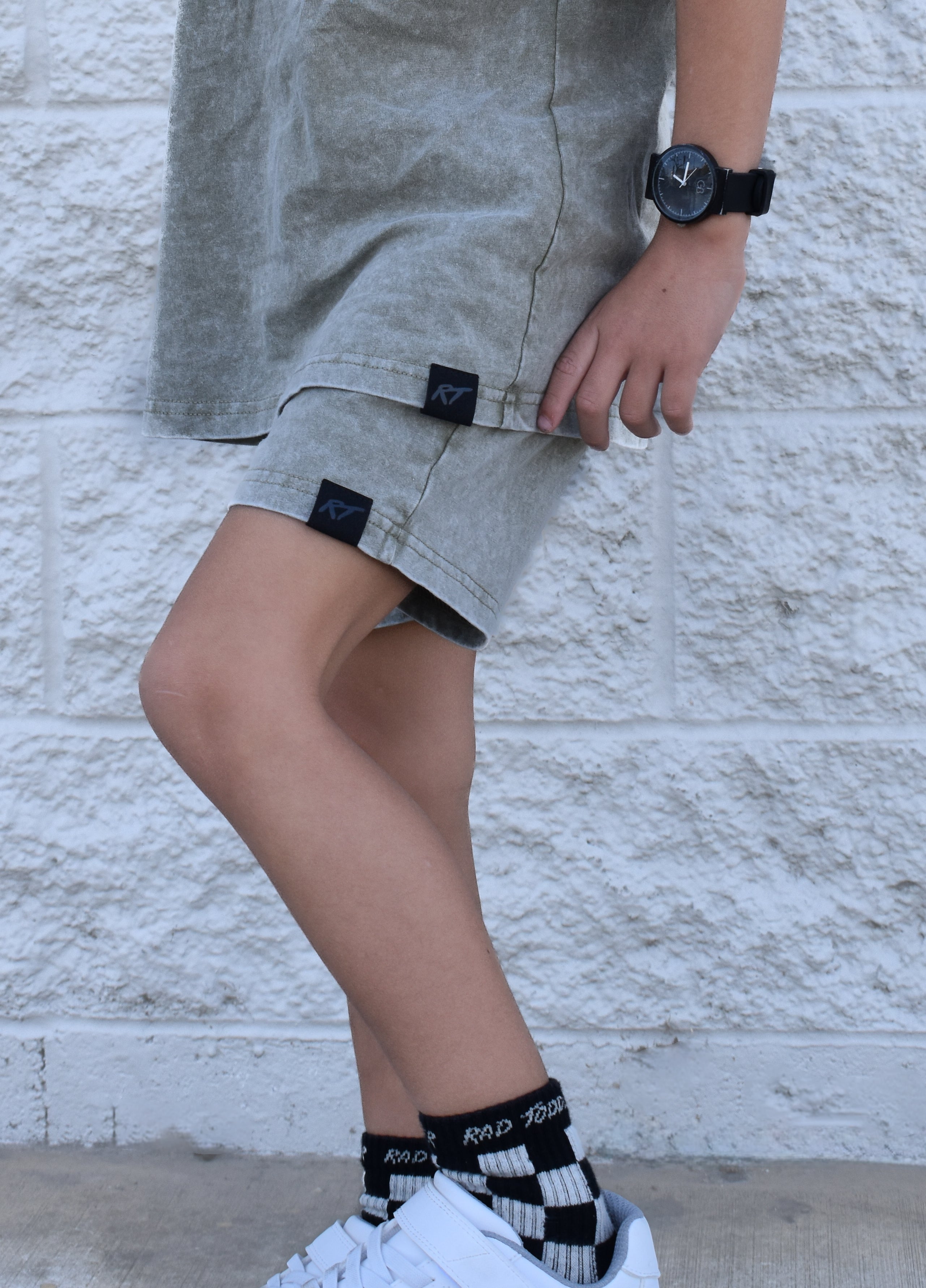 Stone wash olive set by Rad Toddler up close