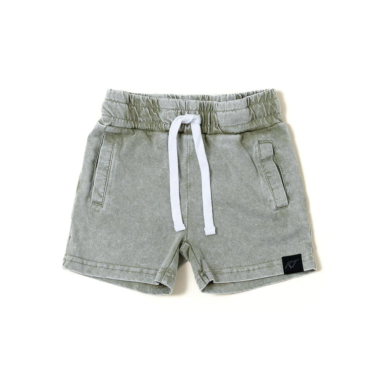 Stone Wash Shorts olive laid flat, soft cotton kids clothing