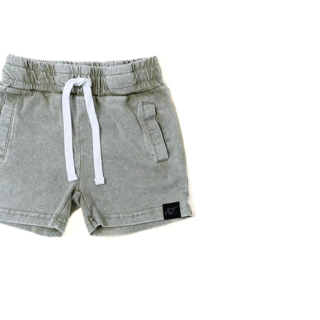 Stone Wash Shorts olive laid flat, soft cotton kids clothing