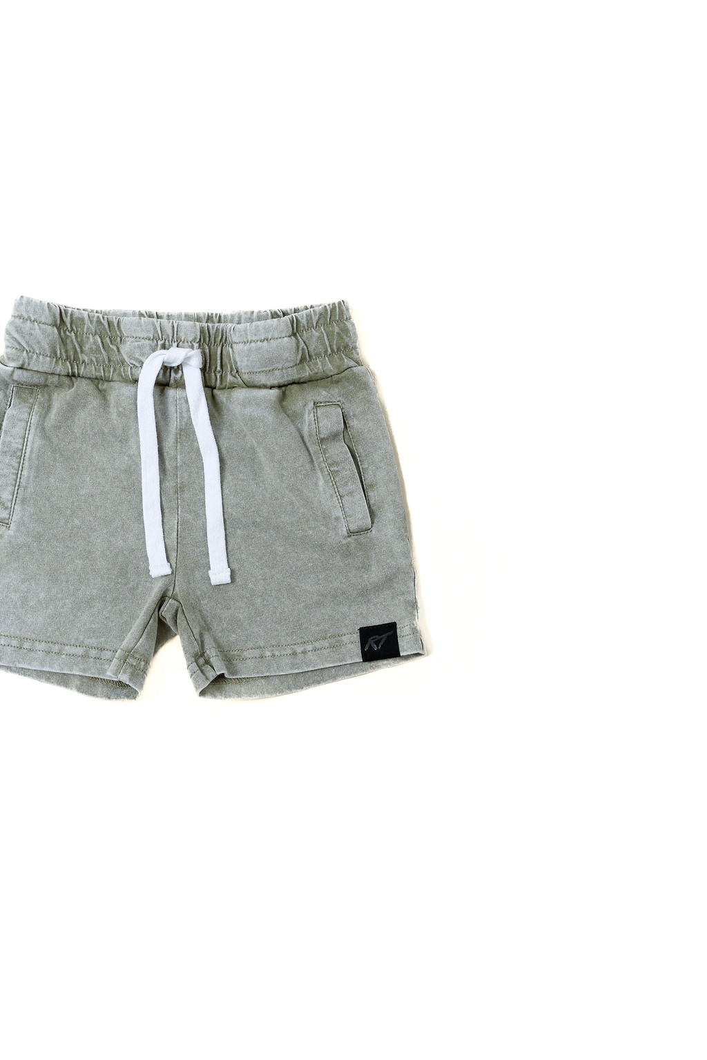 Stone Wash Shorts olive laid flat, soft cotton kids clothing