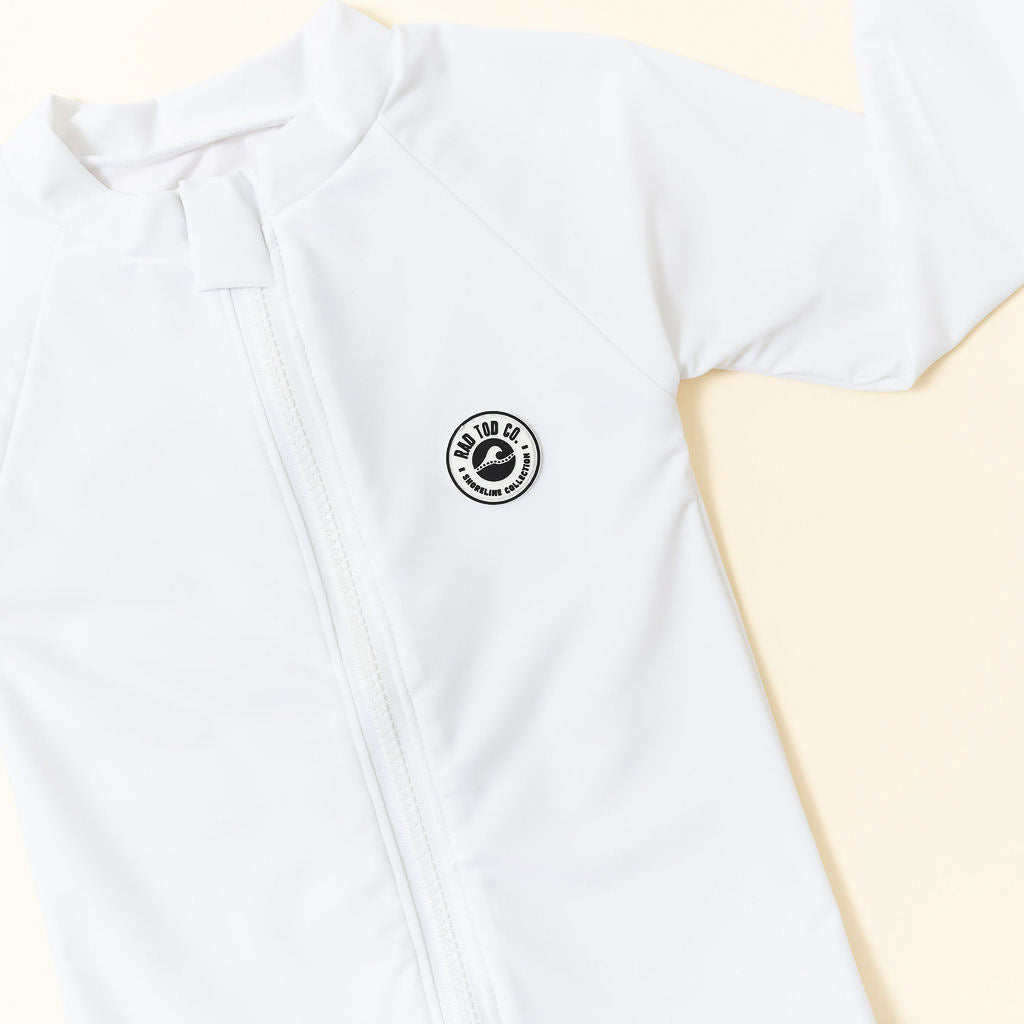 White zip up rashguard quick dry kids swimwear UPF 50 by rad toddler