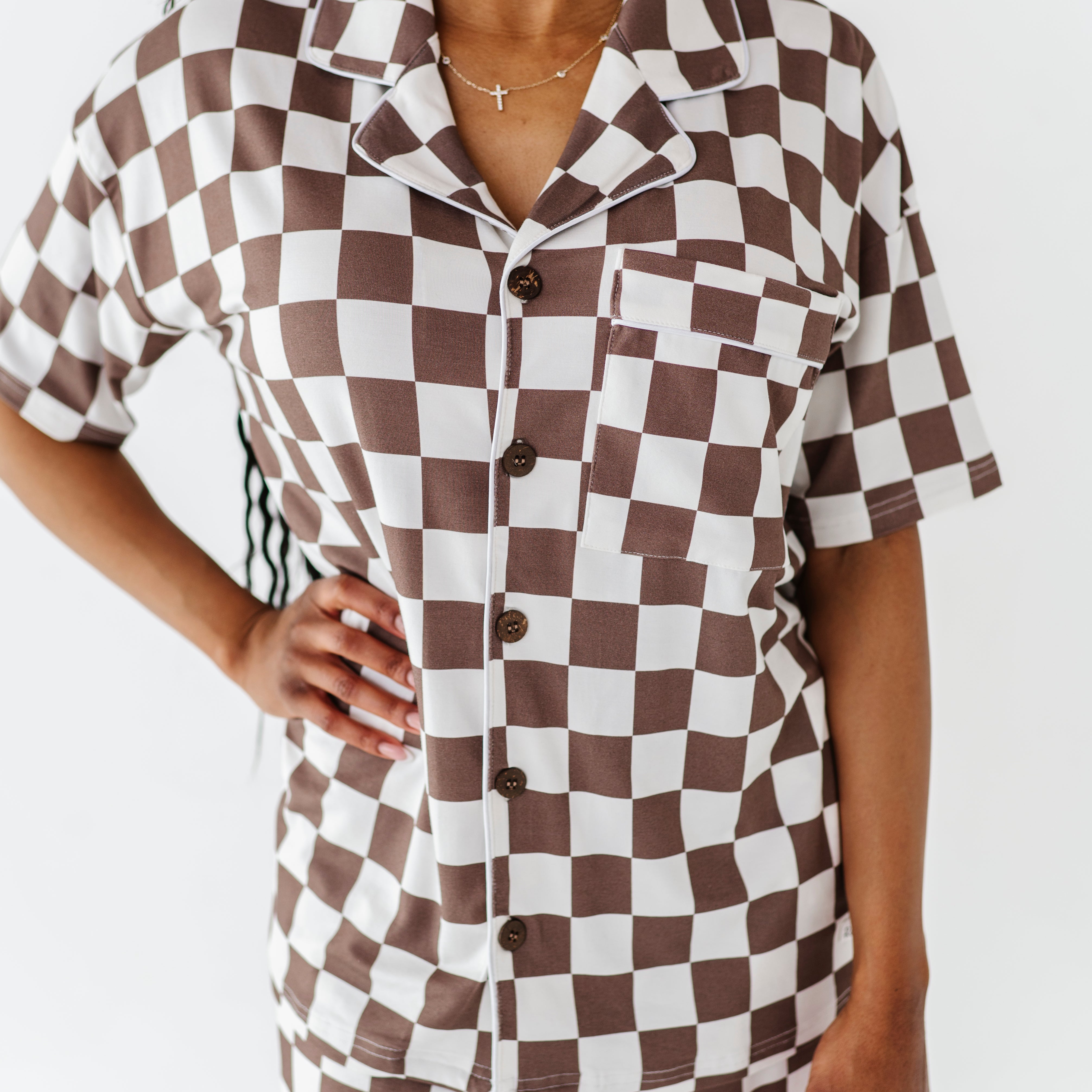 Bronze and white checkered bamboo short sleeve pajama set for women, featuring a relaxed fit and elastic waistband by Rad Toddler.