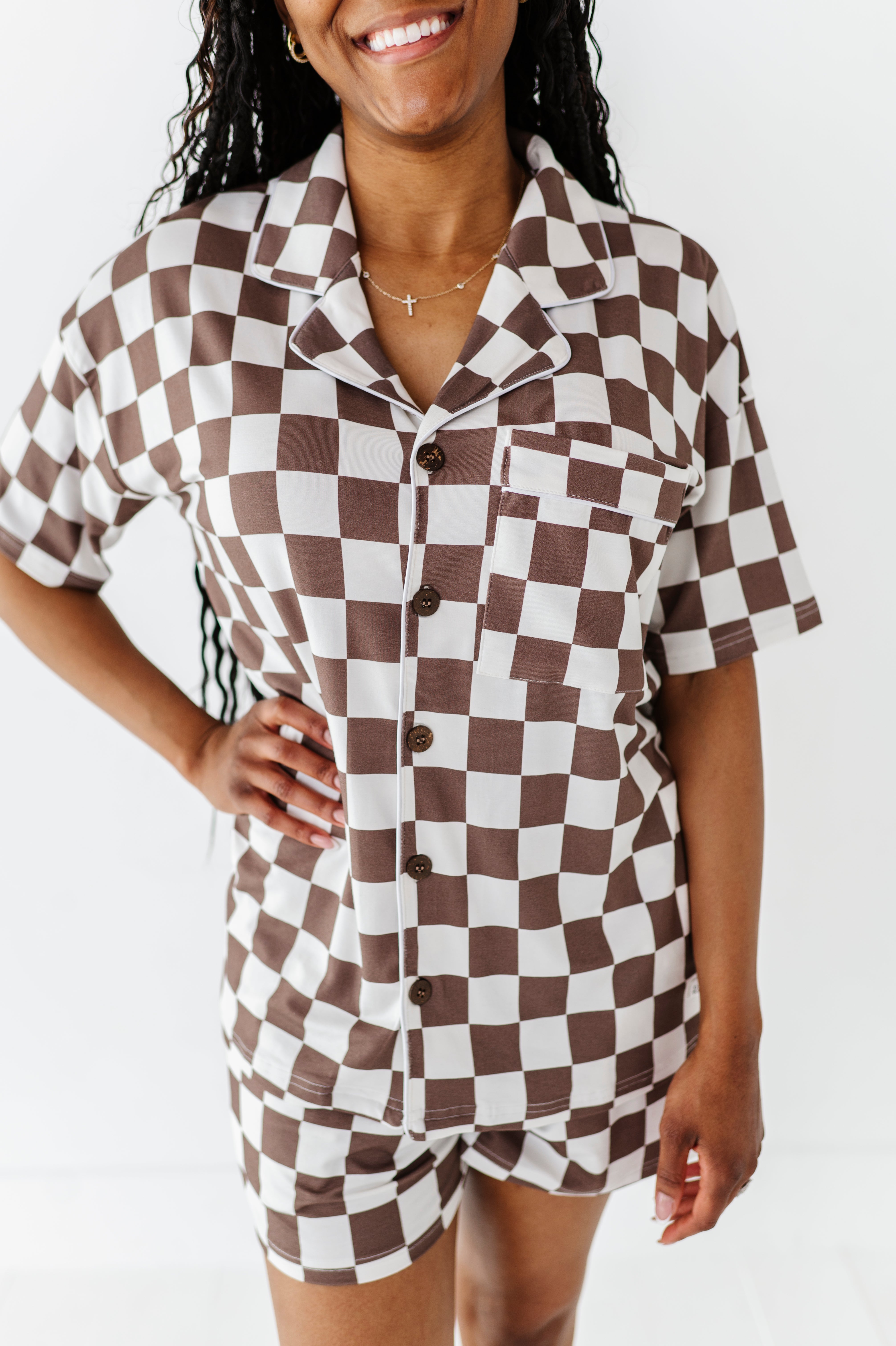 Bronze and white checkered bamboo short sleeve pajama set for women, featuring a relaxed fit and elastic waistband by Rad Toddler.