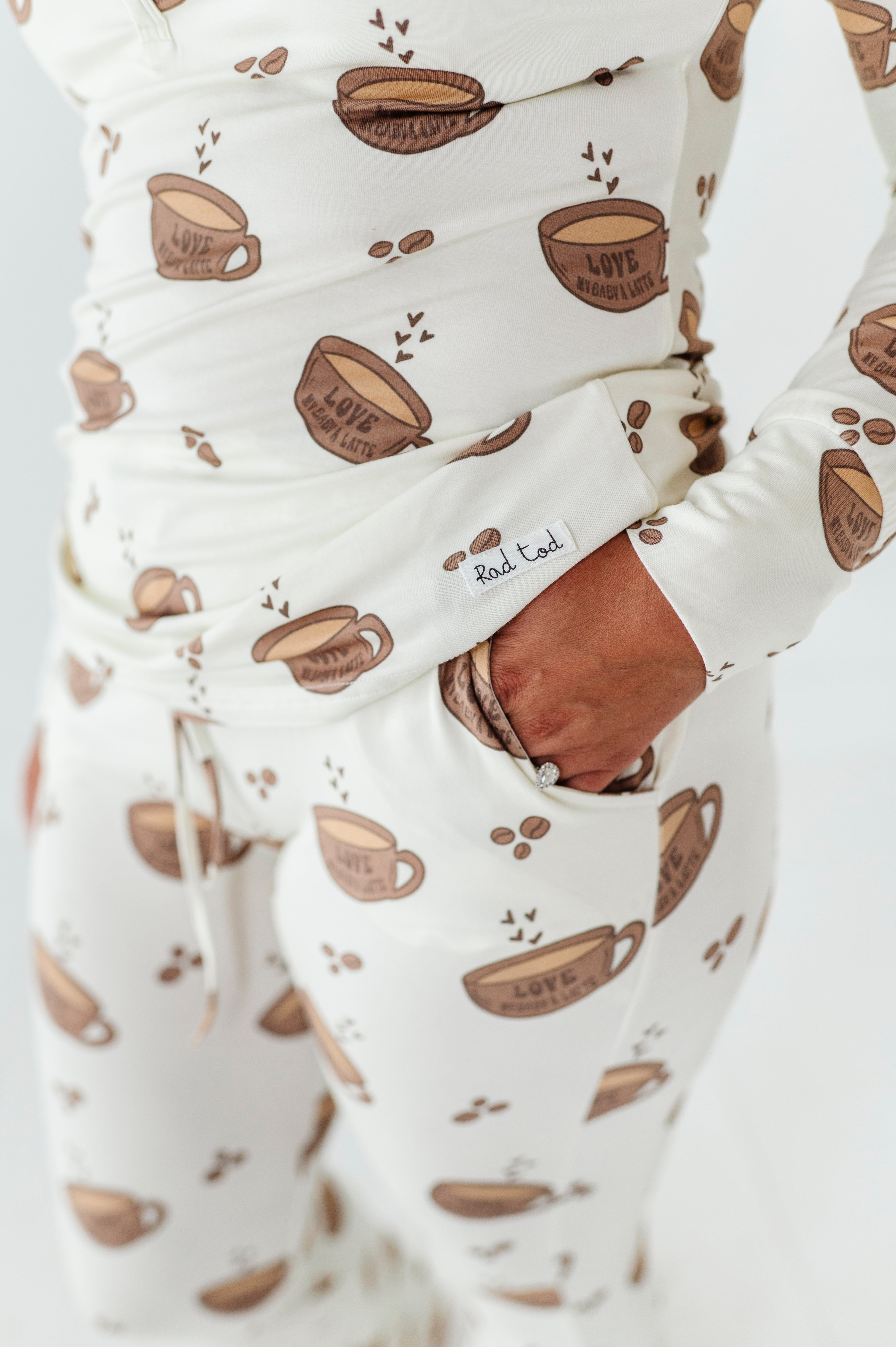 details on the Women’s Love My Baby A Latte Bamboo pajamas featuring soft, eco-friendly bamboo fabric, offering comfort and breathability for everyday wear.