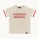 Beige t-shirt with 'American Original' text on a white background