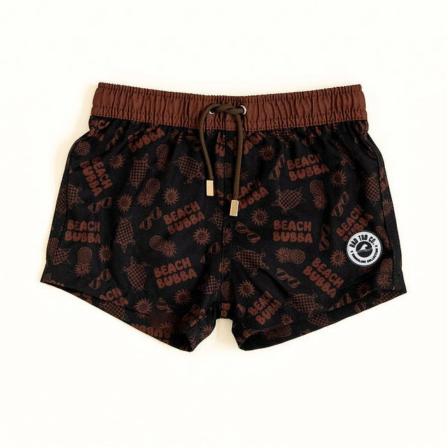 Black shorts with brown pattern and 'Beach Bubba' branding by Rad Toddler