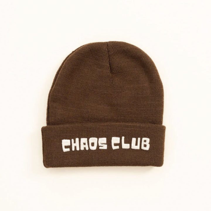 Flat lay of Chaos Club toddler beanie in brown knit