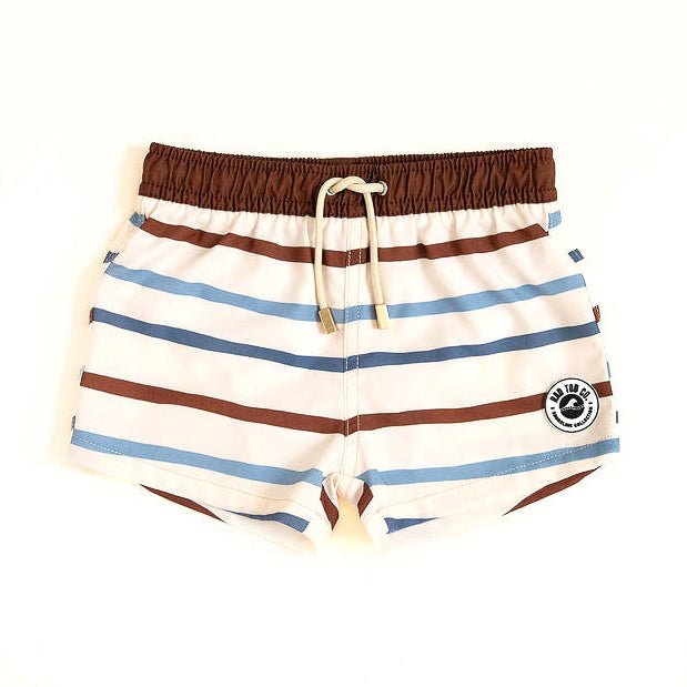 Driftwood Stripes swimmie shorts by rad toddler, classic design on white background