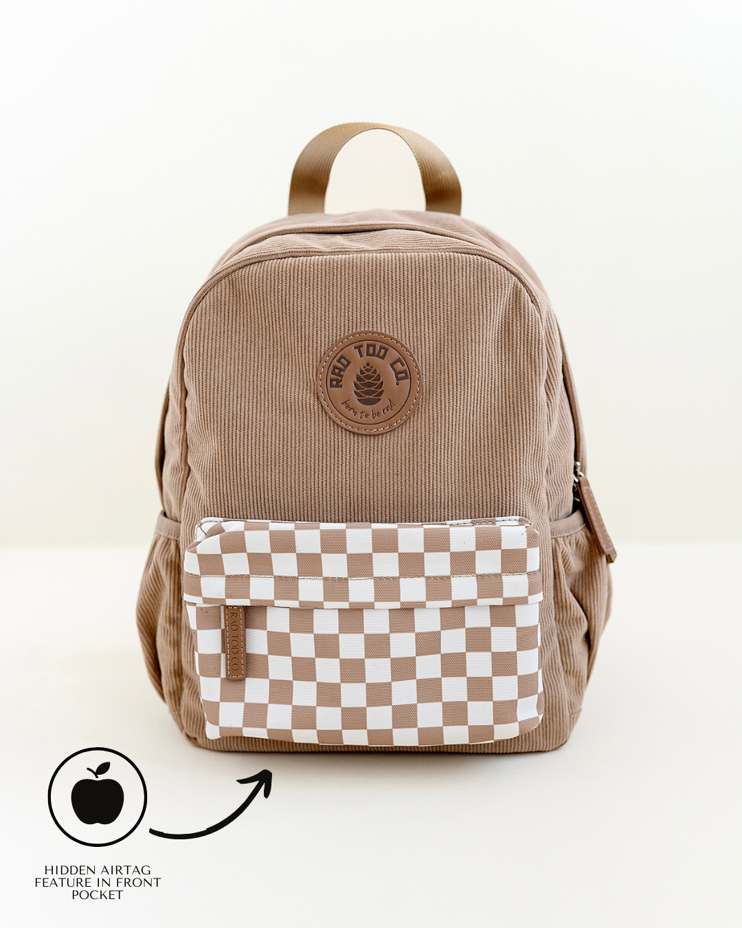 Beige toddler backpack with a stylish checkerboard pattern, perfect for everyday adventures and activities with a hidden airtag feature pocket