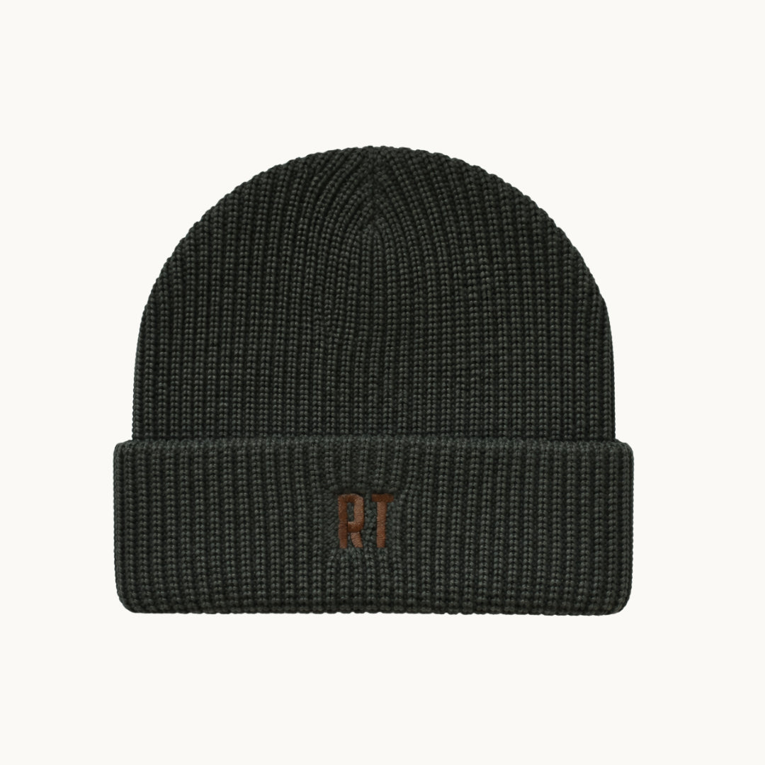 Forest green beanie with the letters RT for Rad Toddler