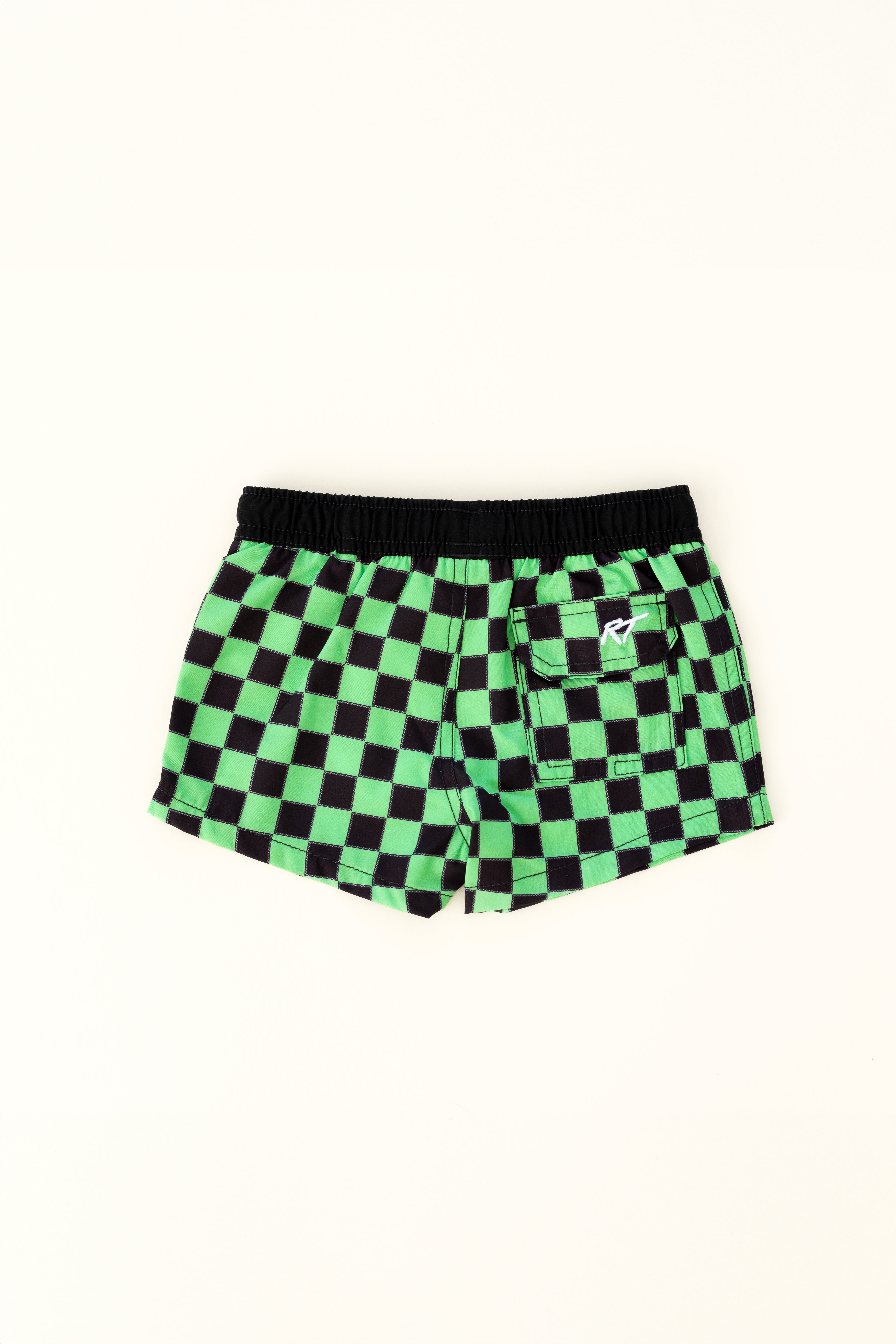 backside of Bright checkered swim shorts with an elastic waistband and drawstring, made from quick-drying fabric. Ideal for swimming, beach trips, and outdoor activities. Features vibrant patterns and a comfortable fit for active kids.