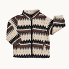 A fleece zip-up jacket with a geometric Fair Isle pattern in cream, black, and rust brown, shown against a plain off-white background.
