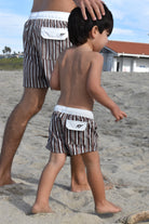 Father and Son wearing Latte Stripe hybrid shorts by Rad Toddler