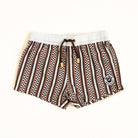 Striped shorts with a logo on a white background