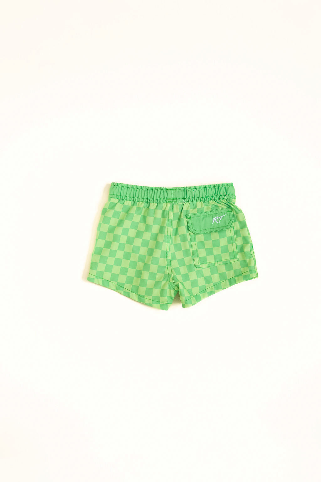 backside of lime checkered shorts on a white background by rad toddler