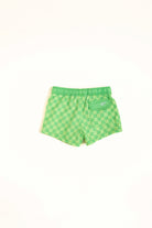 backside of lime checkered shorts on a white background by rad toddler