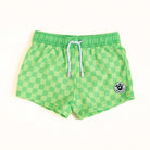Green checkered shorts with a Rad Toddler logo on a white background