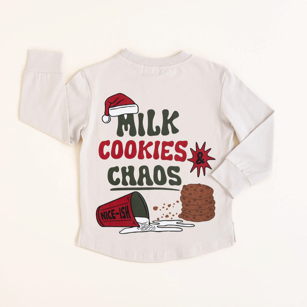 Back design of beige Milk, Cookies & Chaos Christmas long sleeve shirt