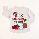 Back design of beige Milk, Cookies & Chaos Christmas long sleeve shirt
