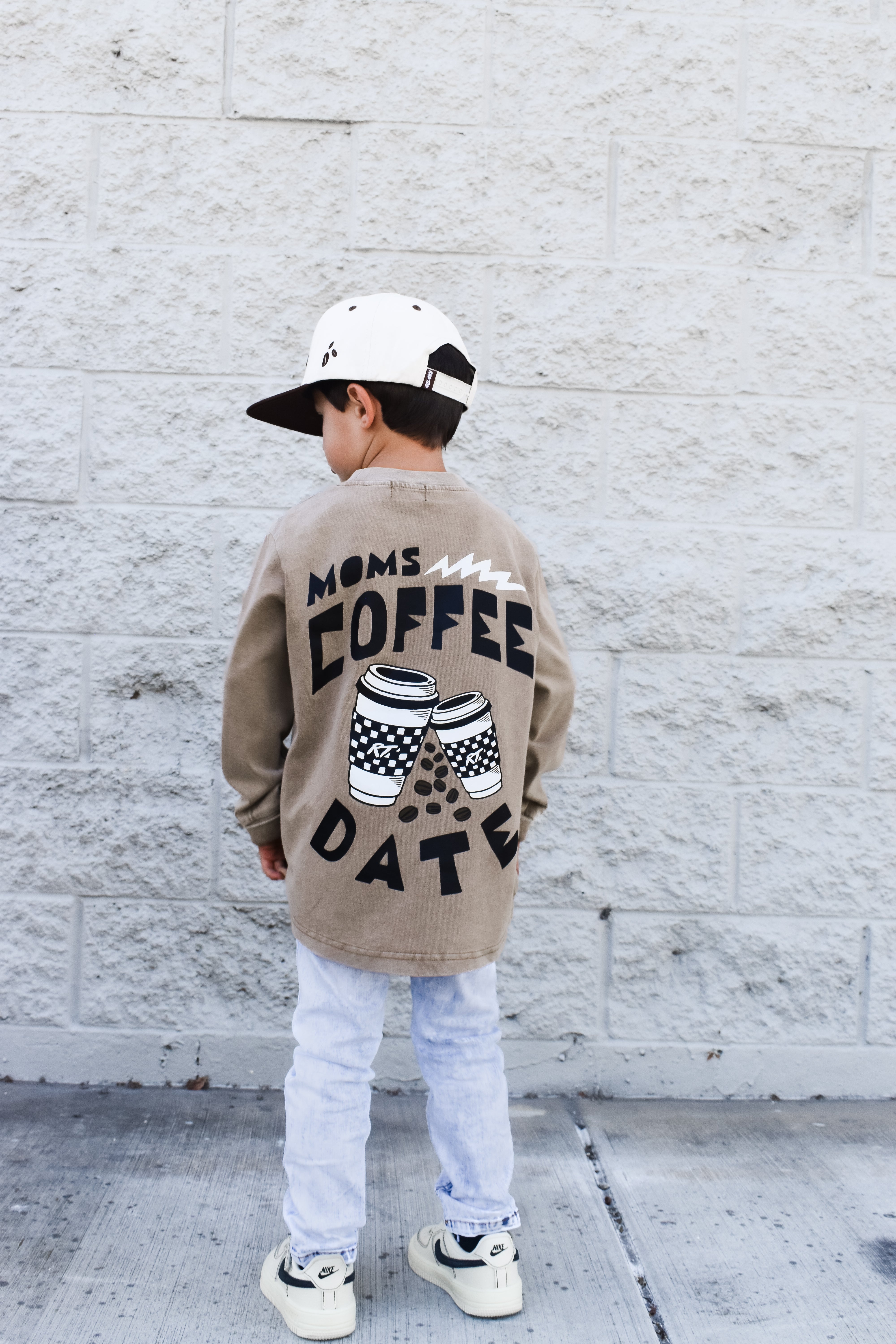 Moms Coffee Date long sleeve shirt in acid wash – back view by rad toddler