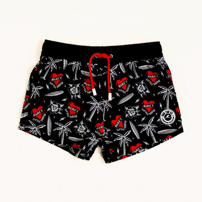 Close-up of Mama’s Little Surfer Swimmie showing playful surf designs and “Mama’s Little Surfer” print by rad toddler