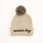 Cozy toddler beanie with “Mamas Boy” embroidered in brown