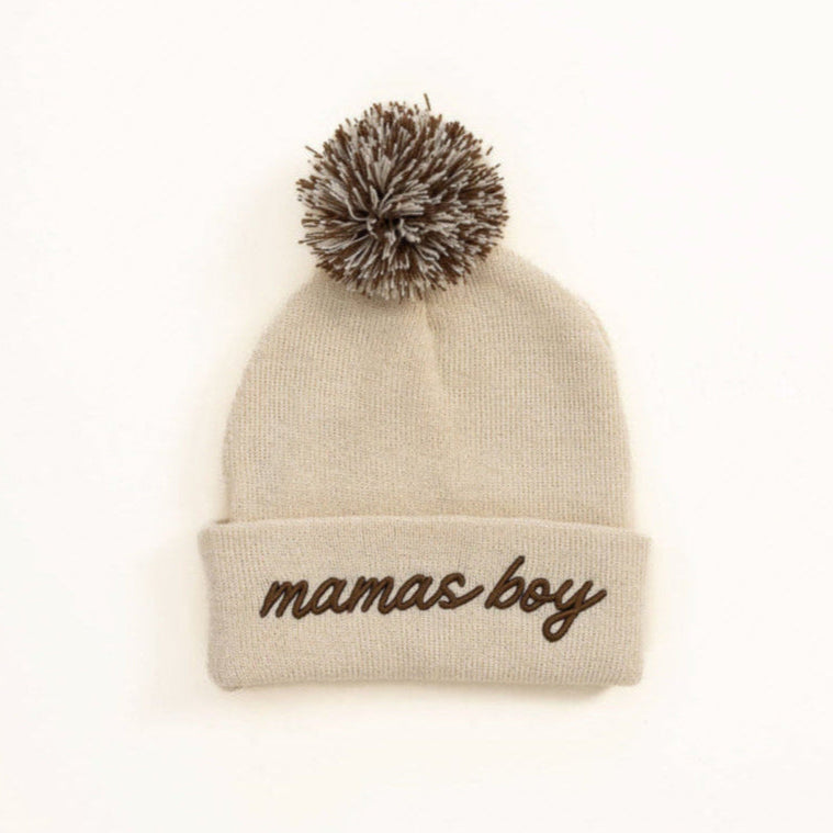 Cozy toddler beanie with “Mamas Boy” embroidered in brown