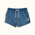 Blue striped shorts with a drawstring on a white background
