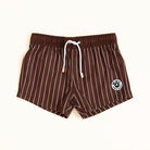 Brown pinstripe shorts with a white drawstring on a white background