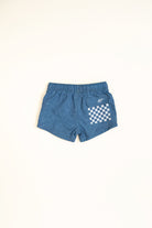Blue shorts with a white checkered pattern on a white background backside by rad toddler