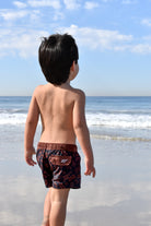 Child wearing swim shorts standing on a beach with ocean and sky in the background