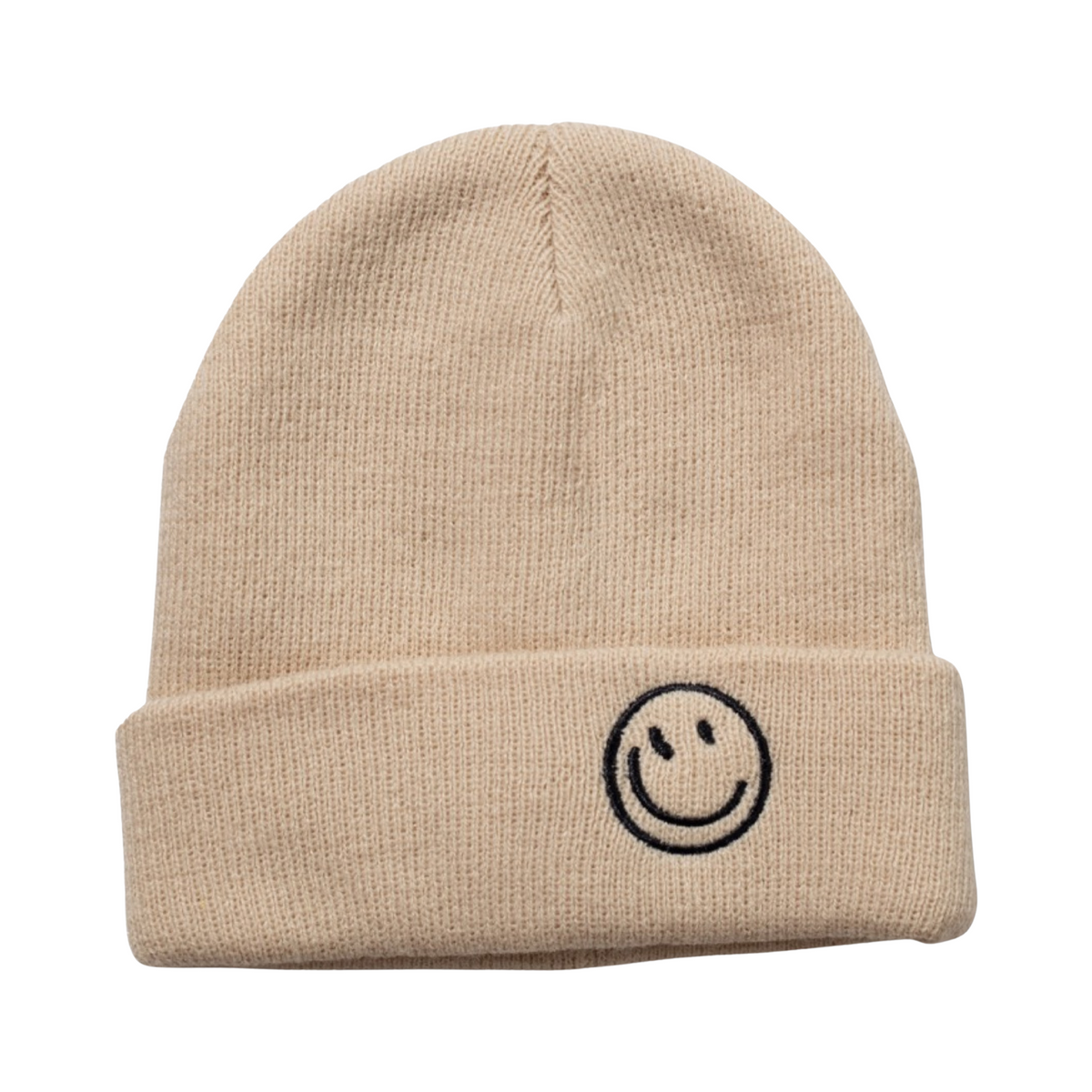 A beige knitted beanie with a embroidered smiley face on the cuff.
