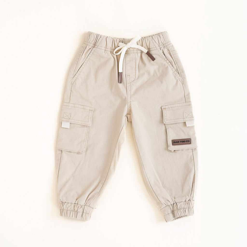 Beige cargo pants on a white background