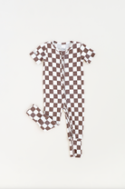 Bronze and white checkered bamboo onesie for toddlers, featuring a two-way zipper and optional foldover footies by Rad Toddler.
